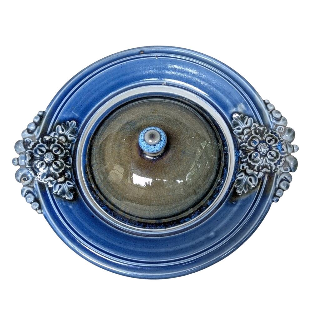 Studio Art Pottery Lidded Dish Bowl Stoneware Blue Glaze Floral Handles Signed
